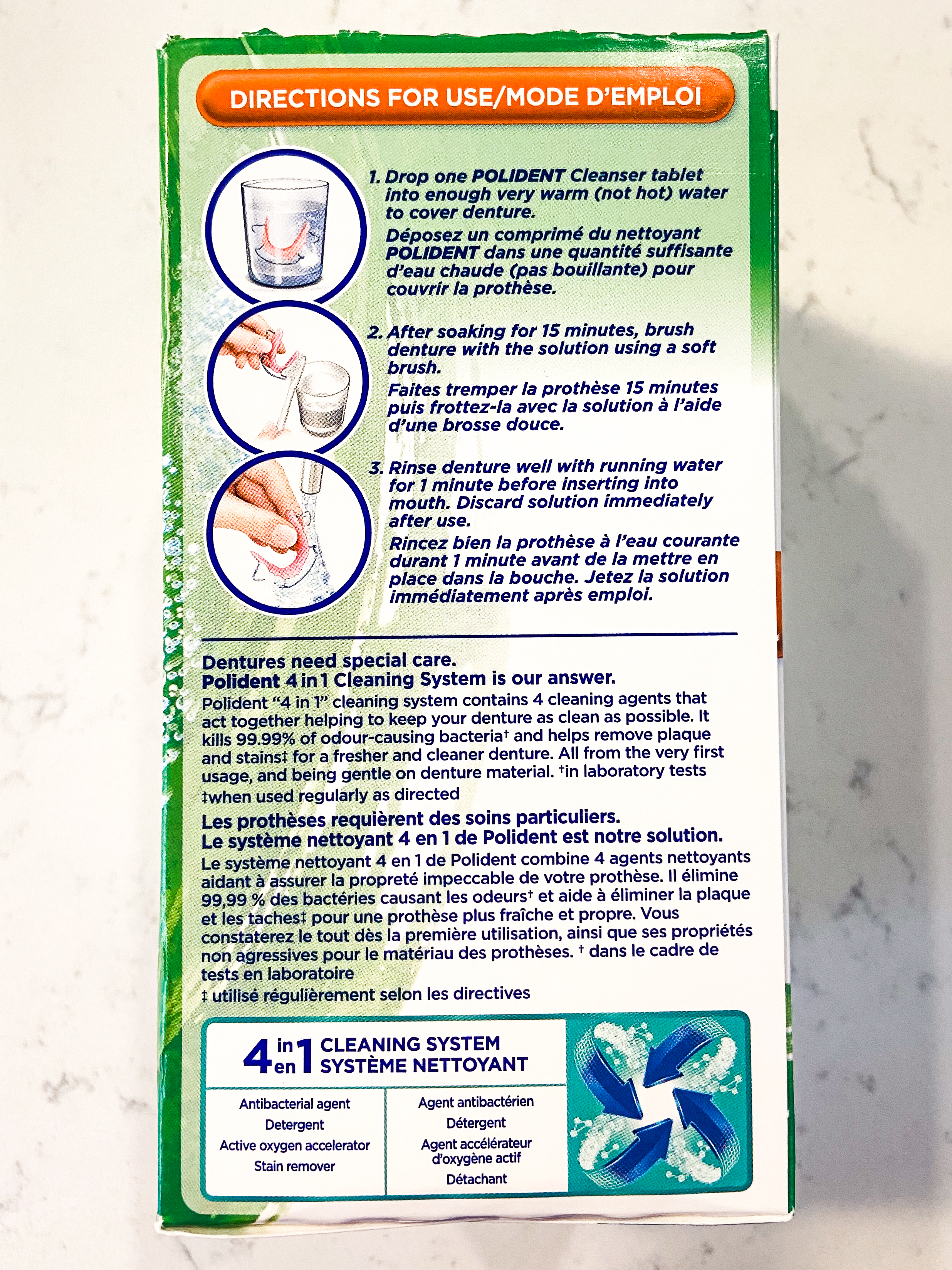 Directions for use for Polident night guard and retainer tablets. 
